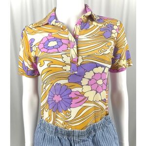 Vintage 1960’s - 70’s ‘Enrico’ Sheer Floral Print Polo Style Shirt - XS